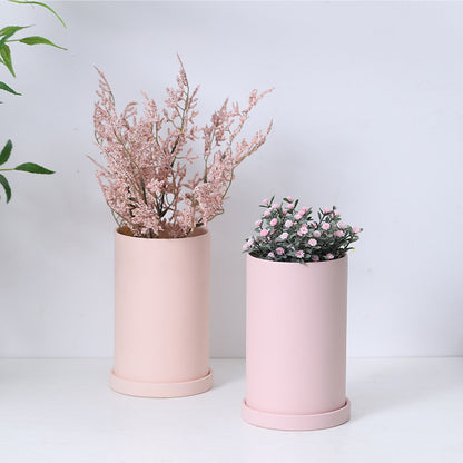 High Cylindrical Morandi Solid Color Ceramic Flower Pot with Tray