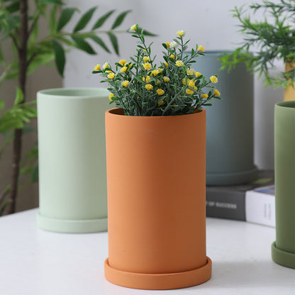 High Cylindrical Morandi Solid Color Ceramic Flower Pot with Tray