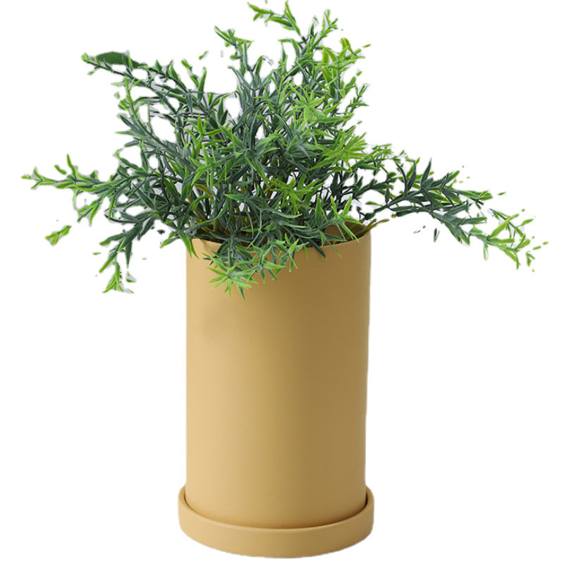 High Cylindrical Morandi Solid Color Ceramic Flower Pot with Tray