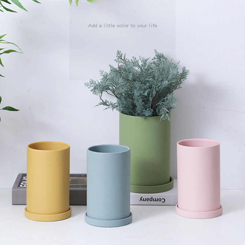 High Cylindrical Morandi Solid Color Ceramic Flower Pot with Tray