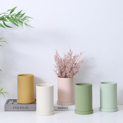 High Cylindrical Morandi Solid Color Ceramic Flower Pot with Tray